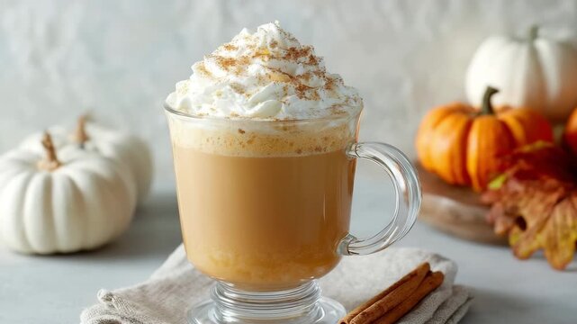 Spiced latte with whipped cream and cinnamon on cozy napkin in autumn setting Warm pumpkin spice latte in a clear glass mug cinnamon stick and whipped cream topping