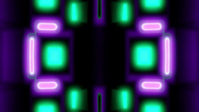 Neon kaleidoscopic triangles pulse with purple glow in a mirrored VJ loop