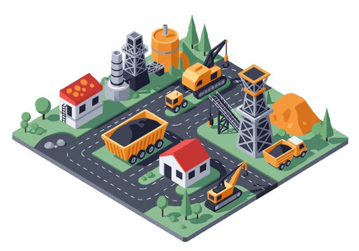 Isometric Industrial Mining Town with Heavy Machinery and Buildings.