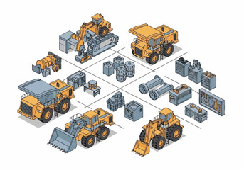 Construction vehicles and equipment isometric illustration. © Sun