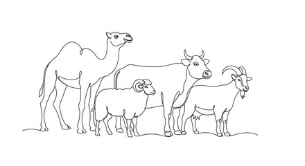 Obraz premium A line drawing of a camel standing with a cow and a goat on a plain landscape.