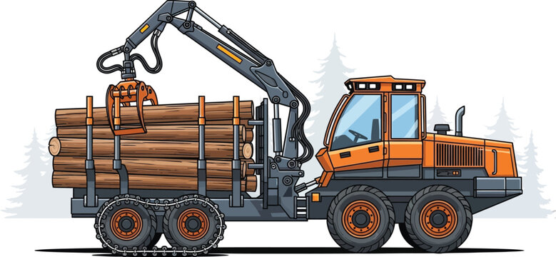 Forestry forwarder log loader truck vector illustration orange heavy machinery hydraulic crane timber transport wood industry equipment isolated on white background