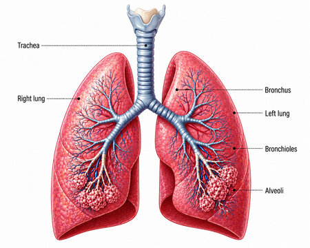 3D medical illustration of human lungs and respiratory system anatomy with labeled parts