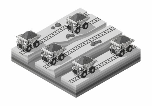 Mining trucks transporting materials on tracks in an open pit mine.