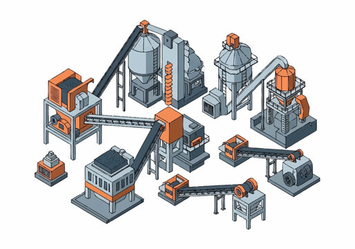 Industrial factory complex with multiple processing units and conveyor belts.