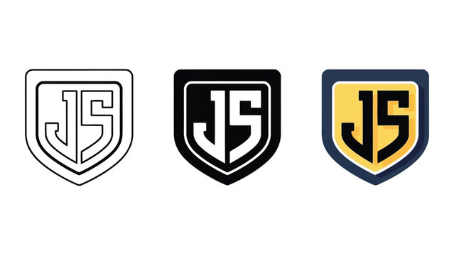 JS Monogram Shield Logo Variations: Outline, Solid Black, and Color Options Vector Illustration