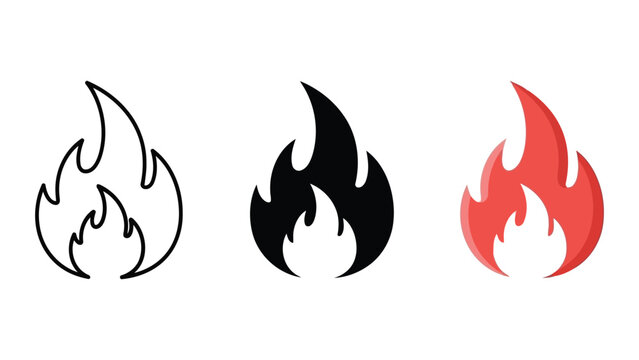 Set of three fire icons: outline, silhouette, and colored flame vector illustration