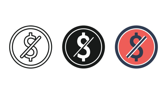 Set of three dollar sign icons with a diagonal line through them, representing financial prohibition or ban, vector illustration