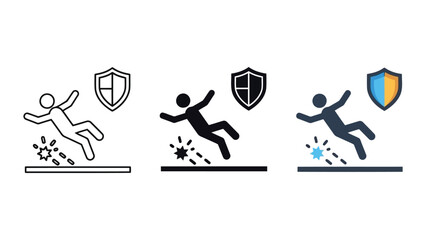 Fototapeta premium Person slipping and falling icon set with shield, vector illustration of accident prevention