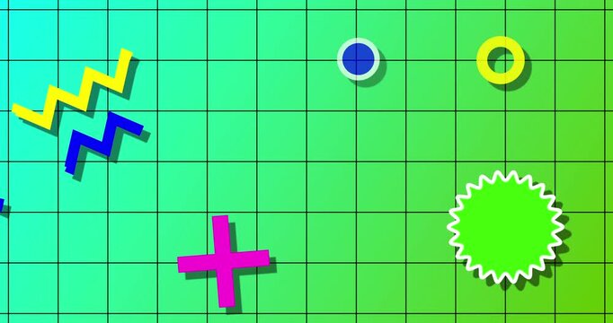 Memphis style noen themed nostalgic retro-themed accent shapes bg in 4K. Random geometric shapes moving grid 90s styled modern touch. Minimal pattern abstract movement. Choatic VCR pixelated.
