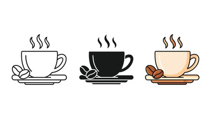 Obraz premium Three styles of hot coffee cups with steam and coffee beans, flat design vector illustration