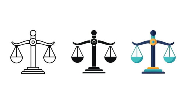 Justice Scales Icon Set: Outline, Silhouette, and Color Vector Illustrations