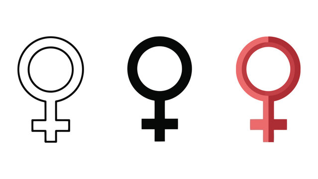 Venus symbol variations: outline, solid black, and 3D red, representing femininity and gender, flat design vector illustration