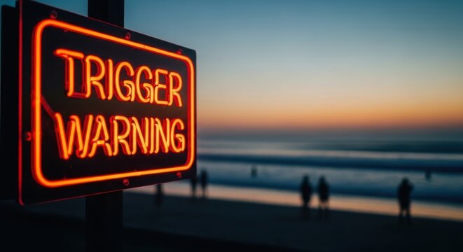 Trigger warning neon sign a cautionary message against sensitive content and potential emotional distress beach background