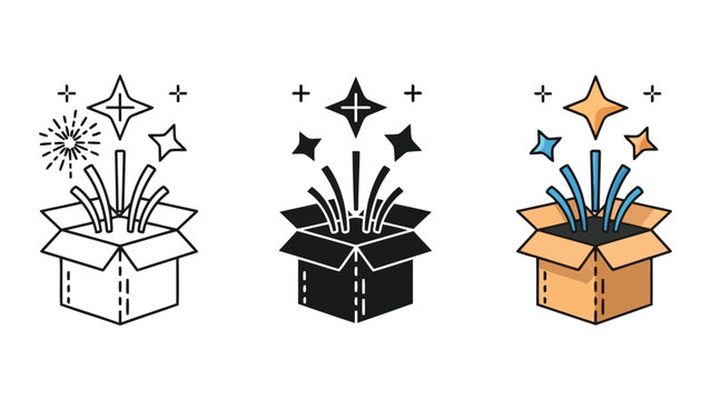 Open box with fireworks and stars exploding, vector illustration in outline, silhouette, and color styles