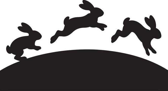 Three Black Rabbits Silhouetted Jumping Over a Hill