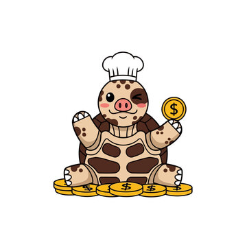 A cute turtle mascot wearing cef hat and sitting on coins, flat vector mascot illustration.