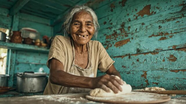 Authentic portrait of elderly indigenous woman preparing traditional food. Skillful hands kneading dough. Rustic kitchen setting. Beautiful, weathered face. Cultural heritage, rural lifestyle.