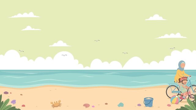 Vector animation of a happy Muslim family cycling along the beach on a sunny day. A father, mother in hijab, and daughter ride past with toys in a basket. Refreshing summer vacation loop
