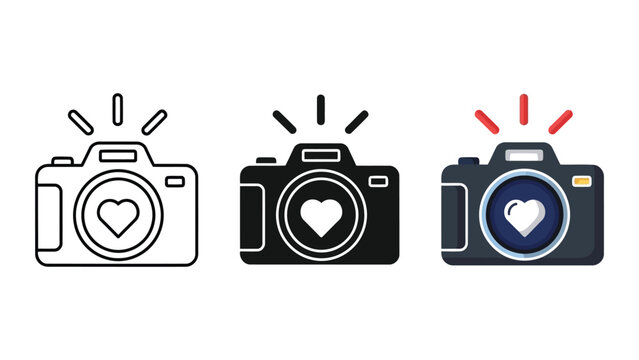 Set of three camera icons with heart symbols and flashes, vector illustration