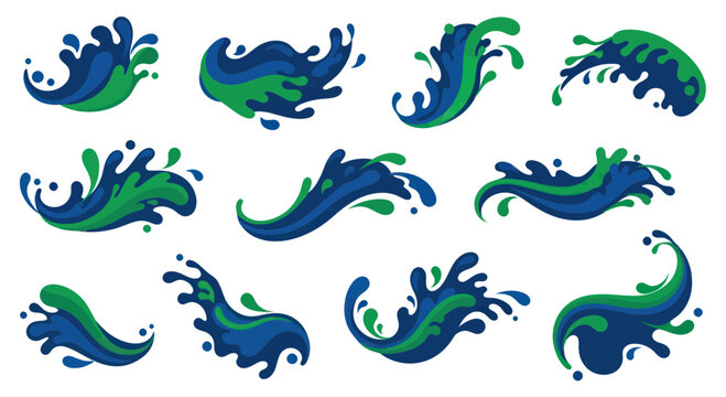 Dynamic Water Splashes Collection: Blue and Green Liquid Waves