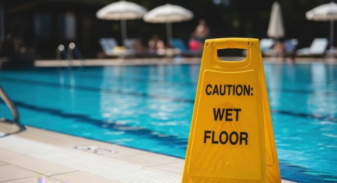 Poolside safety warning wet floor sign near swimming pool preventing slips and falls with clear hazard alert