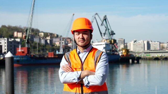 Asian male engineer in a hard hat and safety vest standing with arms crossed at a commercial harbor, looking at the camera with a confident smile against a background of cranes and cargo ships