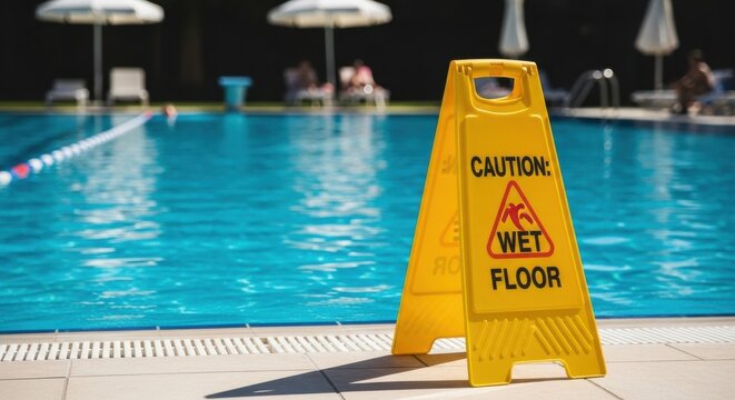 Pool safety warning 'wet floor' sign near swimming pool preventing slips and falls