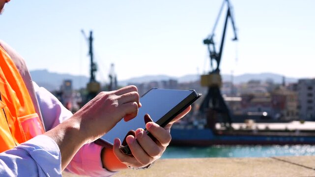 Male hands of a logistic manager using a tablet for managing shipments, with large cranes and a cargo ship in the background, representing modern technology in the shipping industry