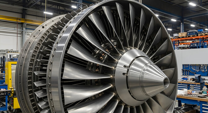 Closeup of a metallic jet turbine rotor showcasing complex engineering within a modern industrial setting