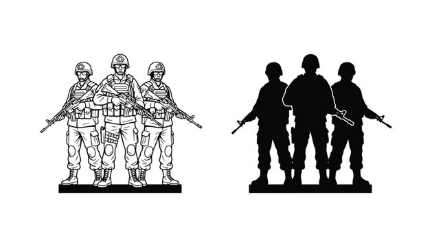 Military soldiers squad unit silhouette and line art illustration for tactical gear and security services branding