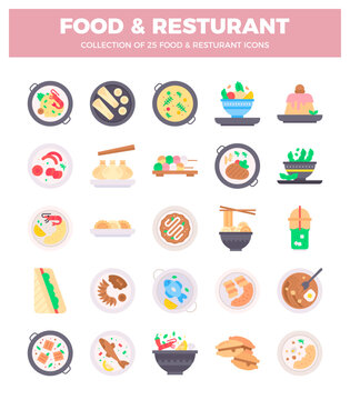 A flat illustration graphic featuring various food icons displayed in a grid pattern on a white background. with a pink header displaying FOOD and RESTURANT.