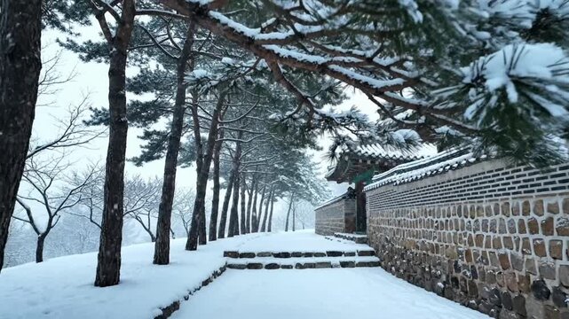 Snow falling on trees at row tree Korea capturing winter in a quiet spot near a stone wall and a traditional building