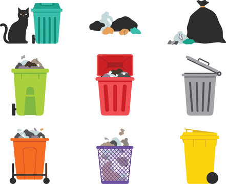 Set of Colorful Garbage Bins and Trash Cans with Waste Bags and a Black Cat for Urban Waste Management and Environment Protection Designs