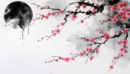 Naklejka premium Japanese Sumi-e Cherry Blossom Branch with Bold Ink Moon, Traditional Brush Painting Art