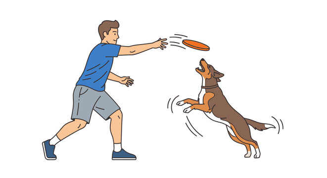 Man throwing frisbee to brown dog.