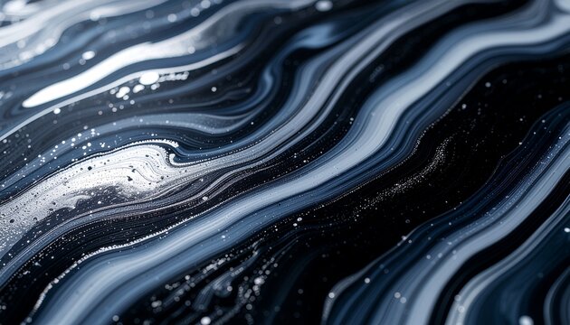 Dark Abstract Fluid Art in Deep Navy and Black with Silver Shimmer, Luxury Background Texture