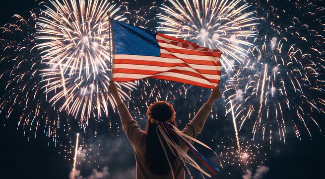 Young person holding waving American flag during fireworks display showing joyful patriotic spirit.