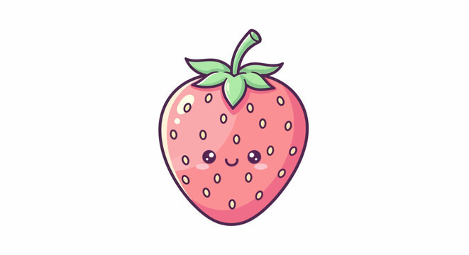 Smiling cartoon strawberry with green leaves.