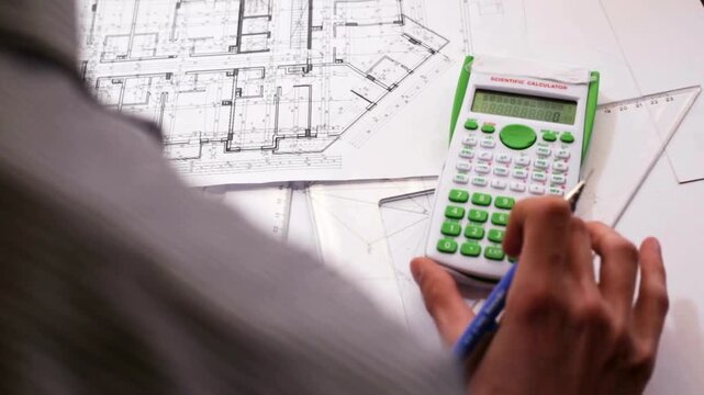 View of hands working and calculations estimate for cost and materials. blueprint drawings of design architectural and engineering for buildings. architect drawing and measuring construction plan.