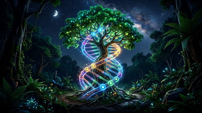 Vibrant double helix DNA strand glowing rainbow colors wrapped tree trunk lush green foliage moonlit night jungle scene surreal futuristic sci-fi fantasy concept
