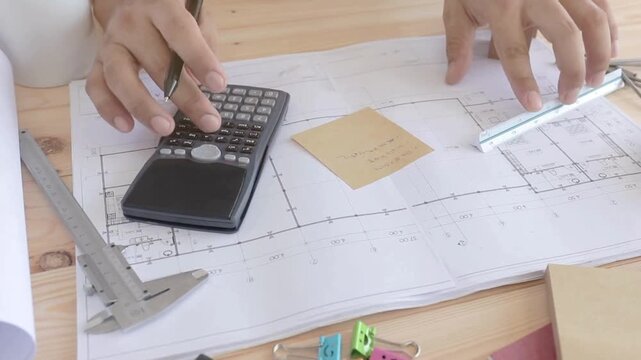 View of hands working and calculations estimate for cost and materials. blueprint drawings of design architectural and engineering for buildings. architect drawing and measuring construction plan.