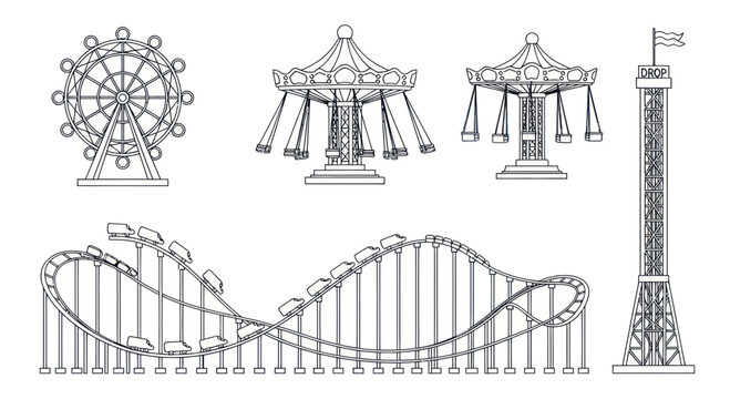 Amusement Park Attractions Line Art: Ferris Wheel, Carousel, Roller Coaster, Tower
