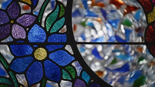 Closeup of intricate stained glass window with floral patterns and abstract designs.