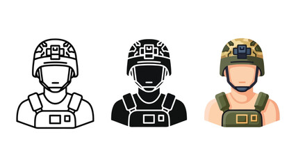Fototapeta premium Set of Soldier Icons: Outline, Silhouette, and Color Soldier Avatars in Tactical Gear, Vector Illustration