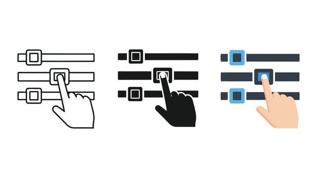 Set of slider controls with hand cursor interacting, diverse styles: outline, solid, flat design vector illustration