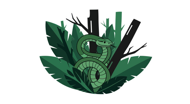 Green Snake in Tropical Jungle Leaves with Bamboo Illustration
