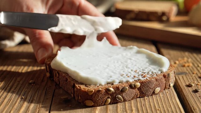 Hand Spreading Cream Cheese on Slice of Whole Grain Bread Close-up