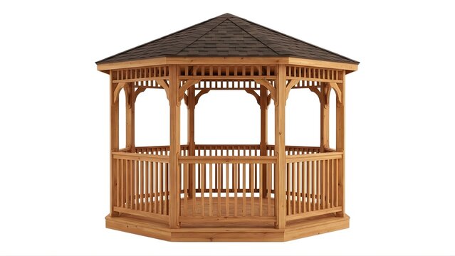 A wooden octagonal gazebo with a shingled roof and railing on a white background