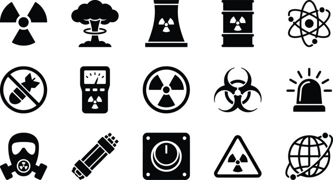 Set of nuclear and radiation icons, including radioactive symbol, nuclear power plant, explosion, biohazard, and protective gear